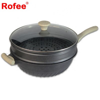 die cast Aluminum  induciton bottom nonstick wok with  glass lid