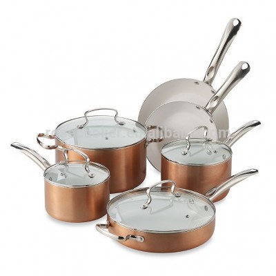 Hot selling 10pcs Ceramic coating cookware set,outer with metallic coating